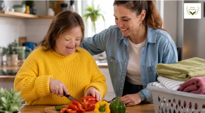 Support worker helping a participant chop vegetables in the kitchen