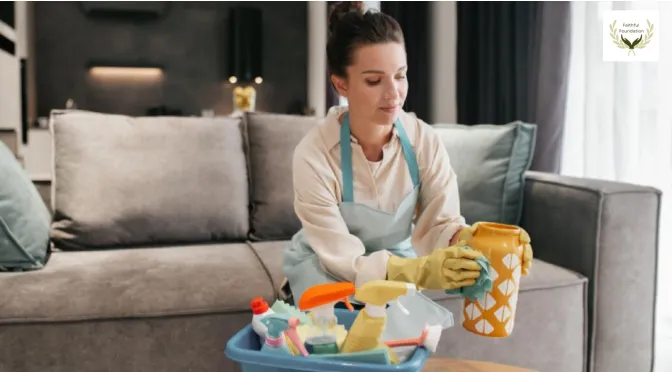 Support worker wearing gloves and an apron cleaning a client's living room with a caddy of cleaning supplies